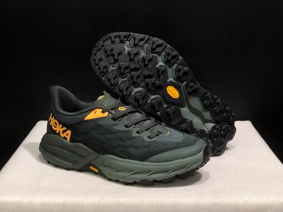 HOKA Speedgoat 5 Trail Running Shoes, in Black and Olive - product image from the listing.