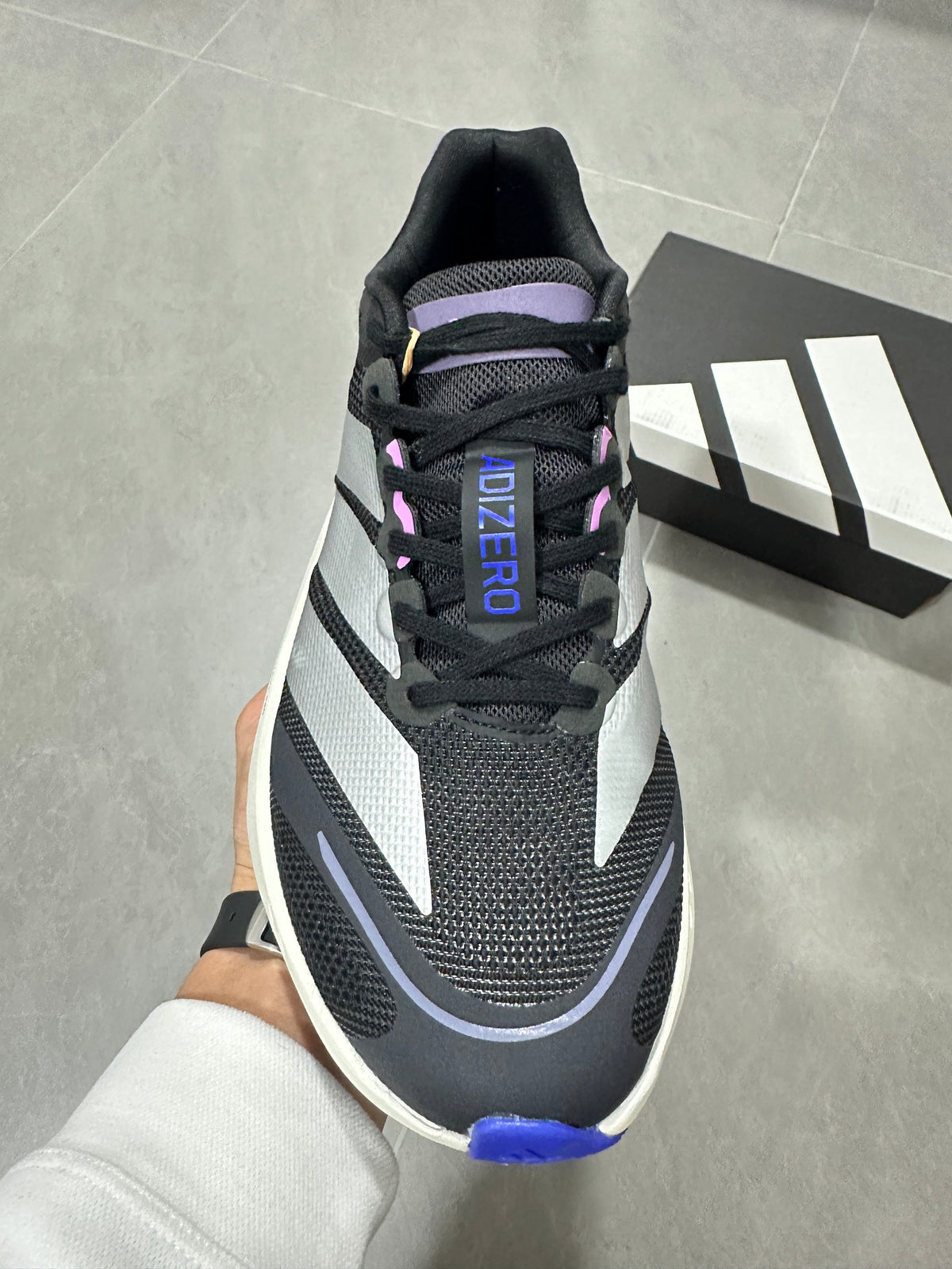 adidas Adizero Boston 13 Running Shoes in Black White Purple - product image from the listing.