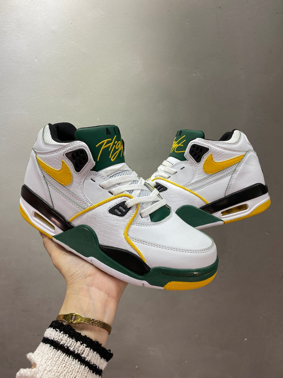Nike Air Flight 89 Seattle Sneakers in White Green Yellow - product image from the listing.