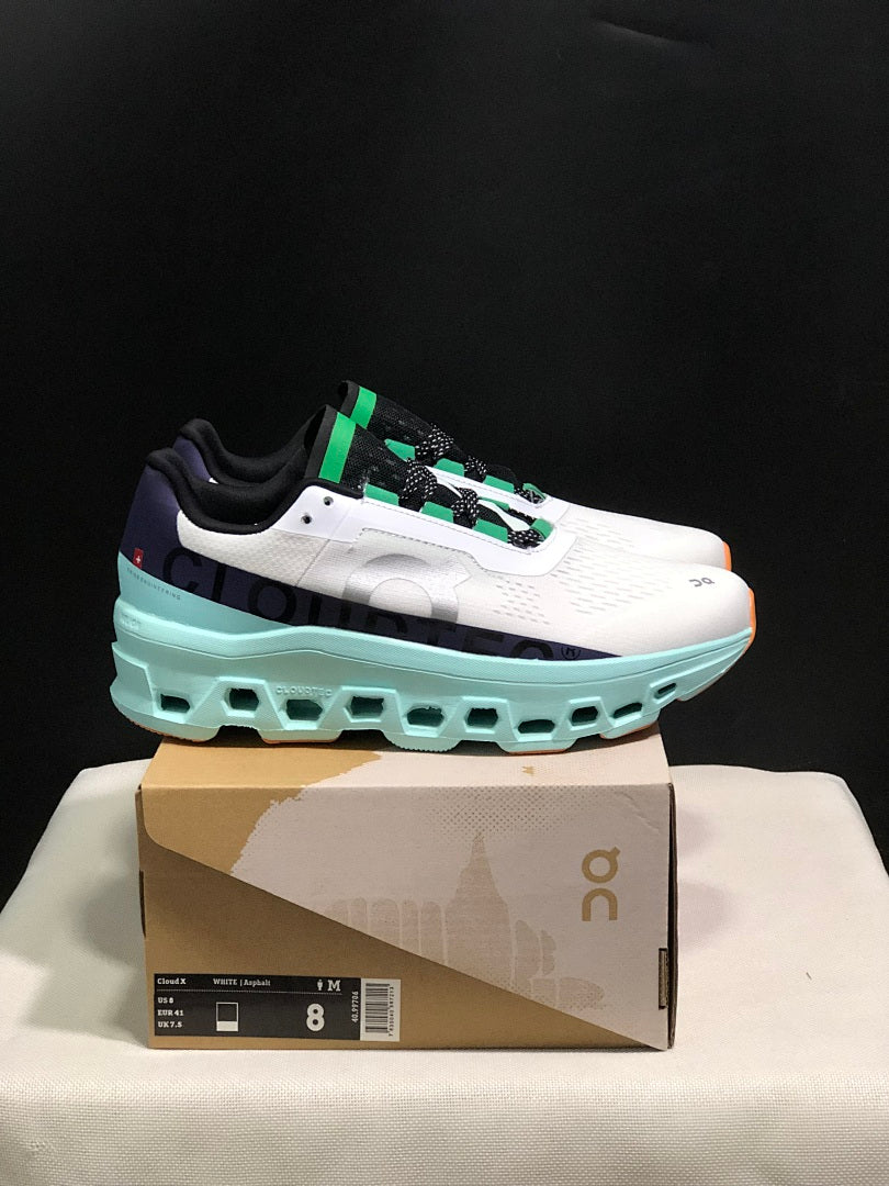 White and Aqua On Cloudmonster Running Shoes - product image from the listing.