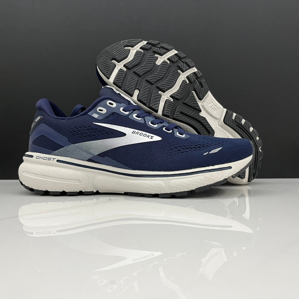 Navy and White Brooks Ghost 15 Running Shoes - product image from the listing.