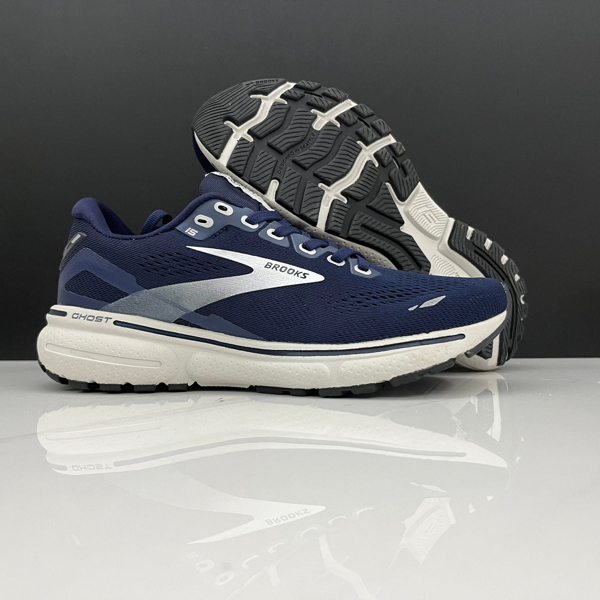 Navy and White Brooks Ghost 15 Running Shoes - product image from the listing.