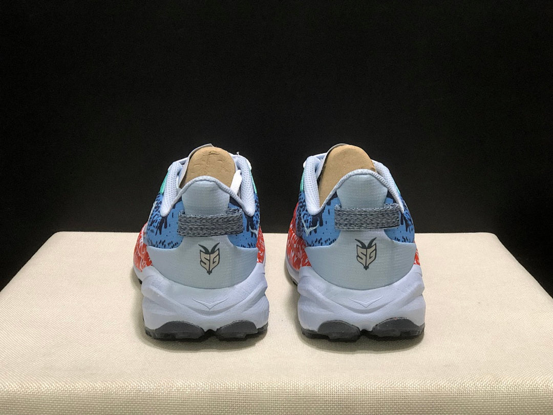 HOKA Speedgoat 6 Trail Running Shoes, in Blue and Orange - product image from the listing.