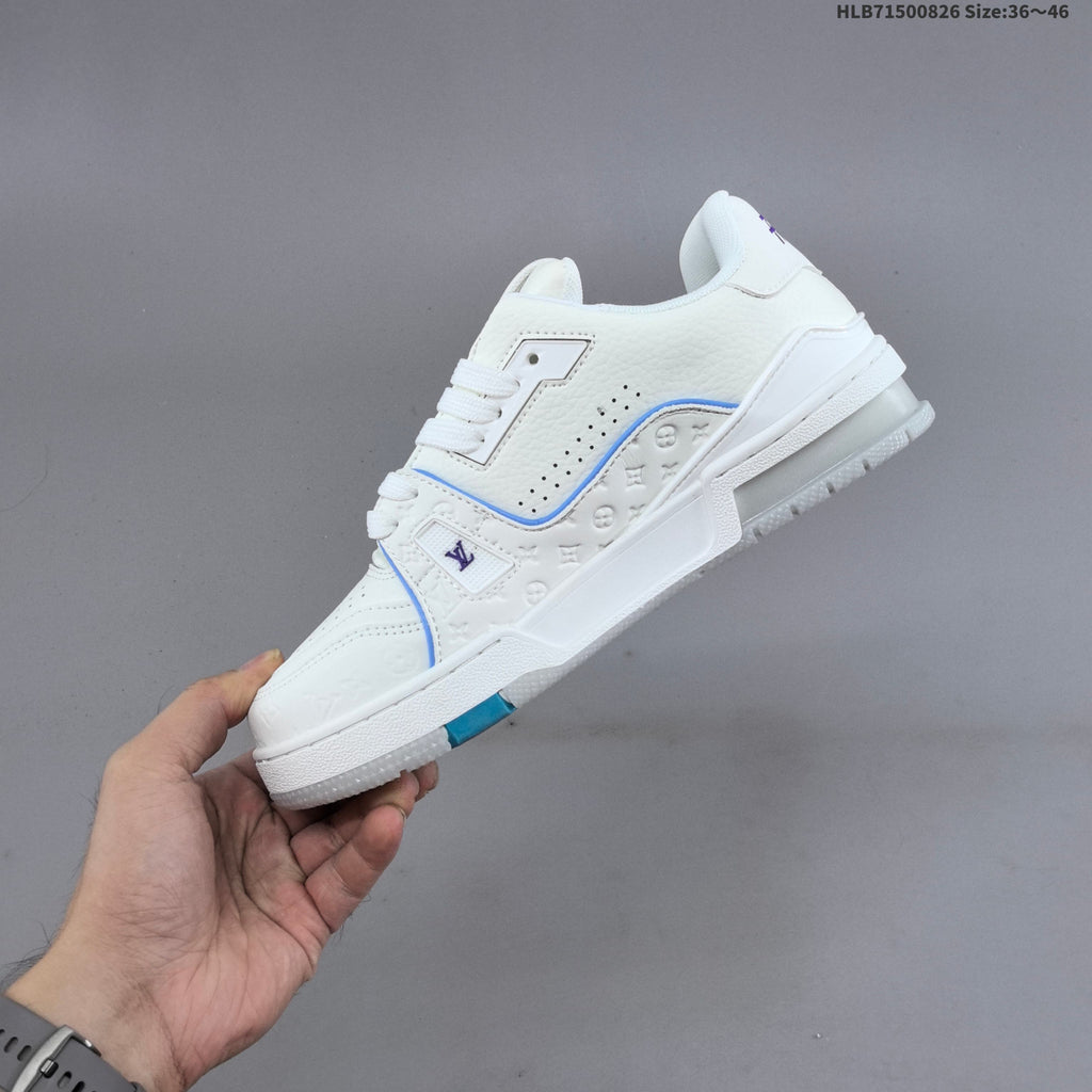 Louis Vuitton White Low-Cut Sneakers with Blue Accents - product image from the listing.