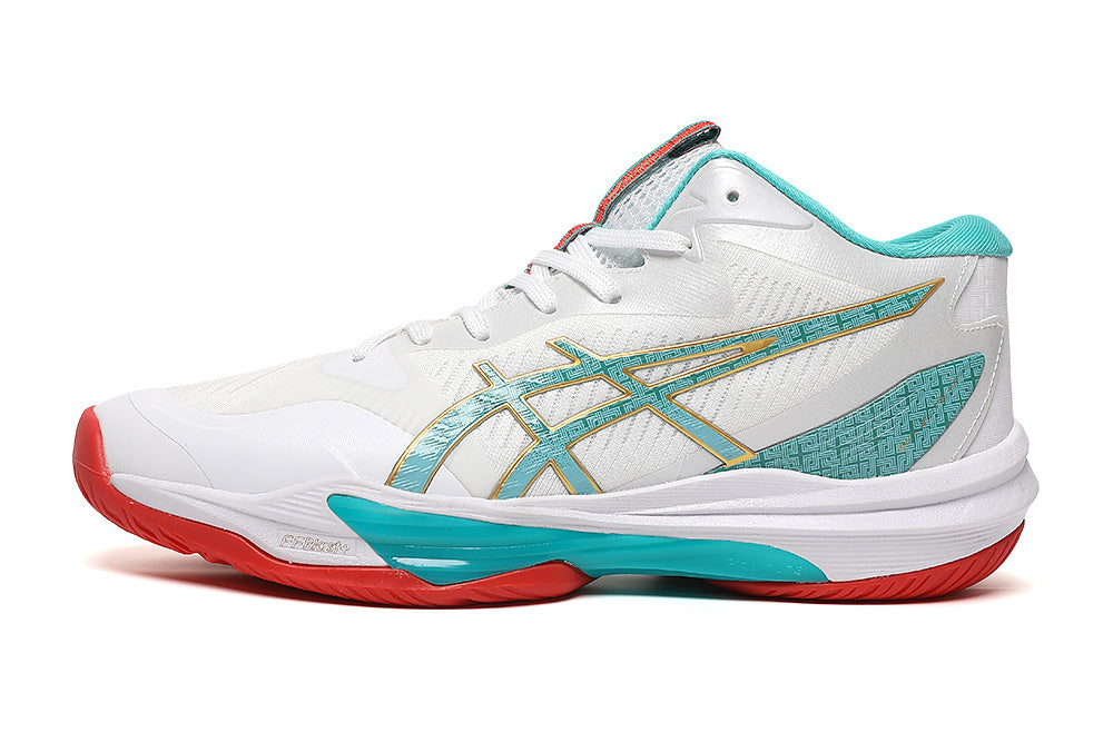 ASICS White and Aqua Indoor Court Trainers - product image from the listing.