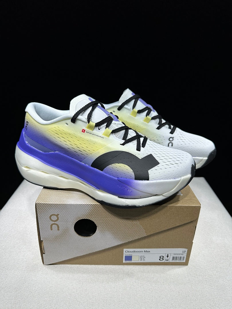 On Cloudboom Max Running Shoes, in White Yellow Purple - product image from the listing.