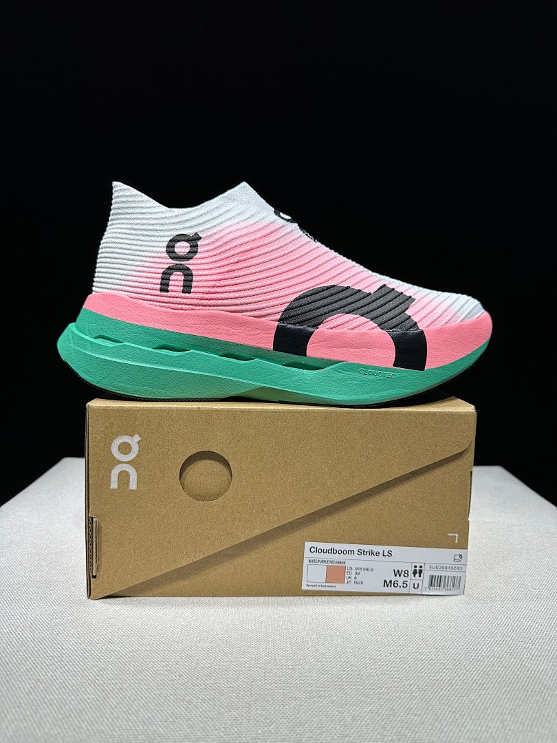 On Cloudboom Strike LS Running Shoes, in White Pink Green - product image from the listing.