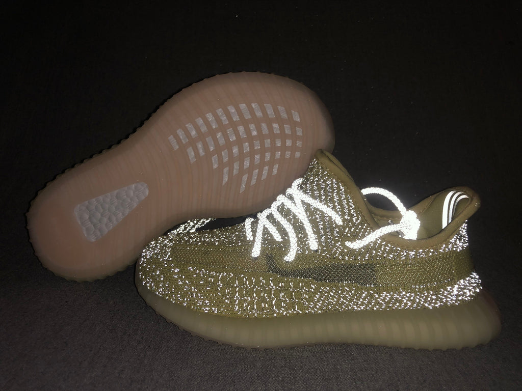 Yellow and Olive Yeezy 350 V2 Kids Sneakers - product image from the listing.