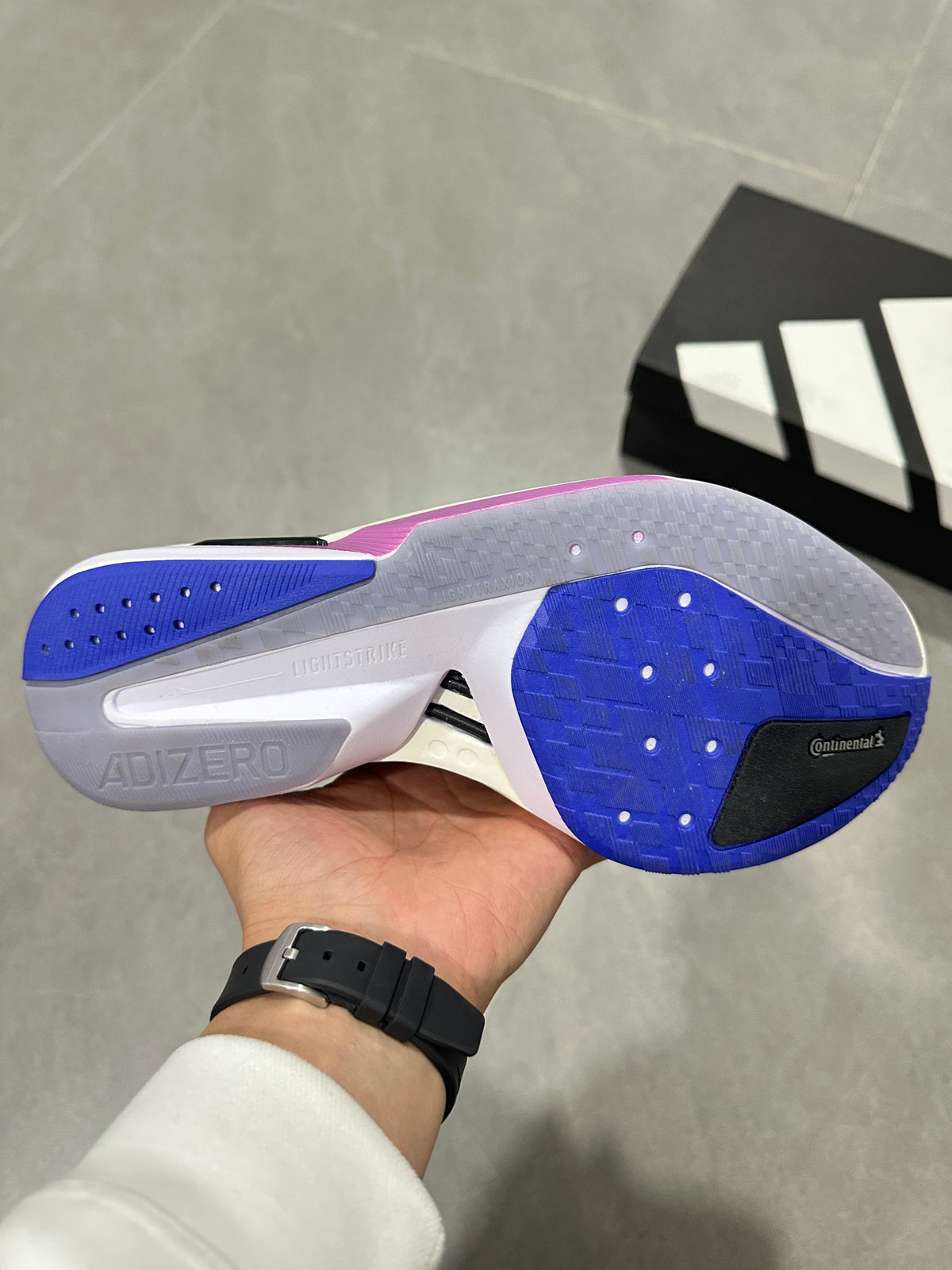 adidas Adizero Boston 13 Running Shoes in Black White Purple - product image from the listing.