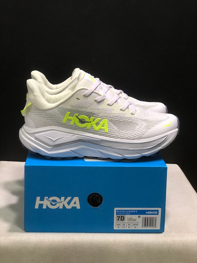 HOKA Challenger 8 Trail Running Shoes, in White and Lime - product image from the listing.