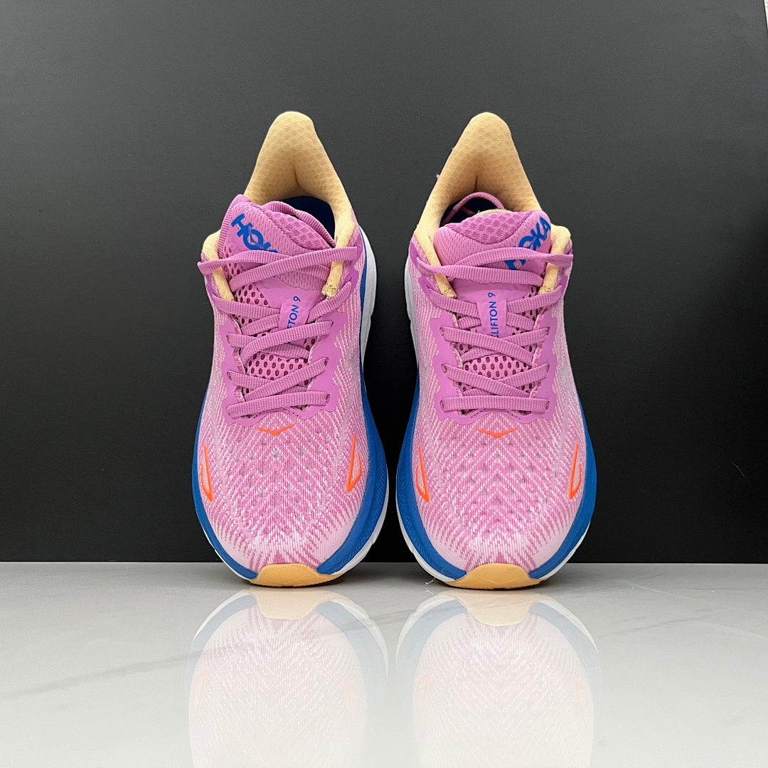 HOKA Clifton 9 Running Shoes, in Pink and Blue - product image from the listing.