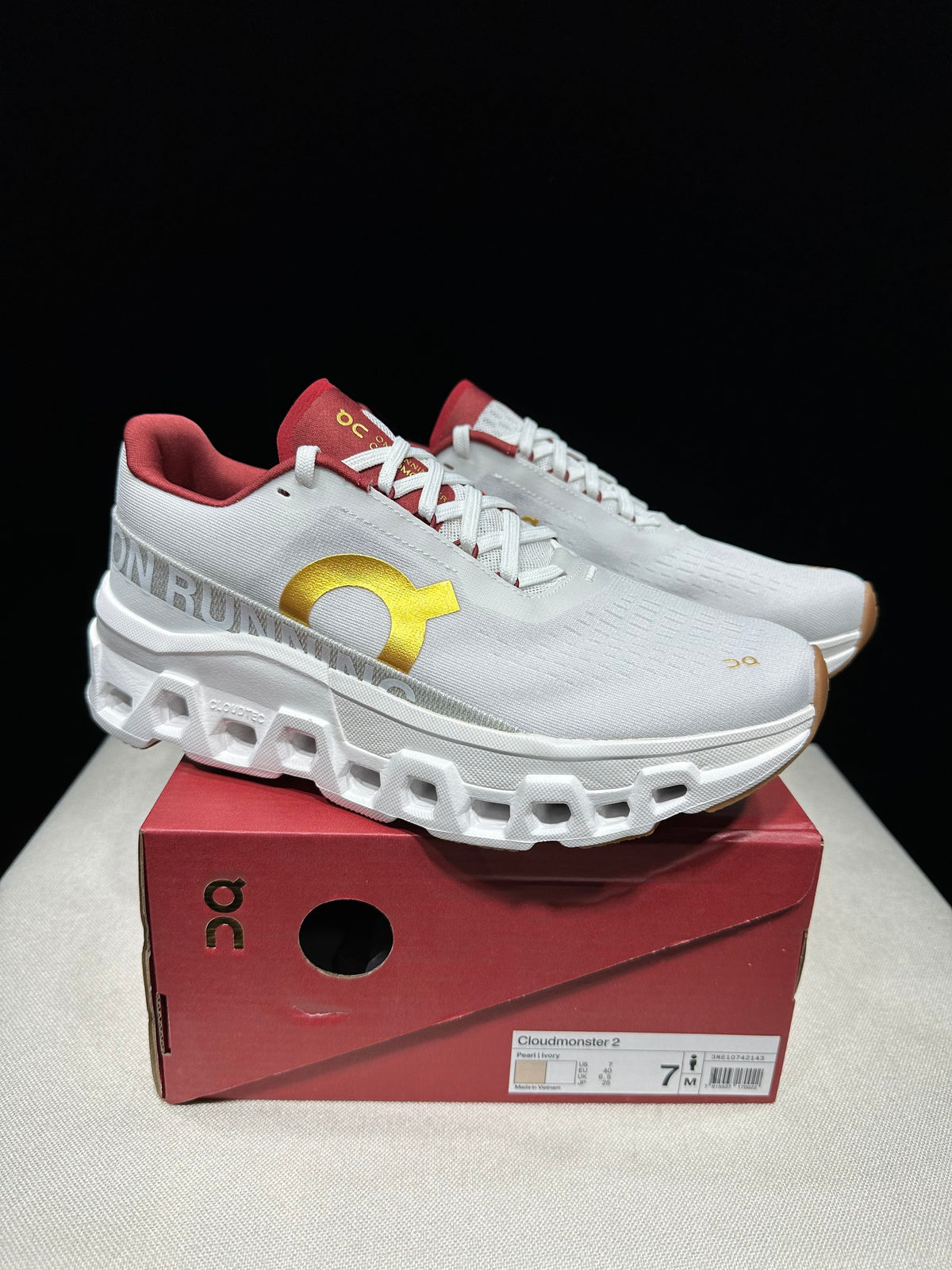 On Cloudmonster 2 Running Shoes in Pearl Ivory Gold - product image from the listing.