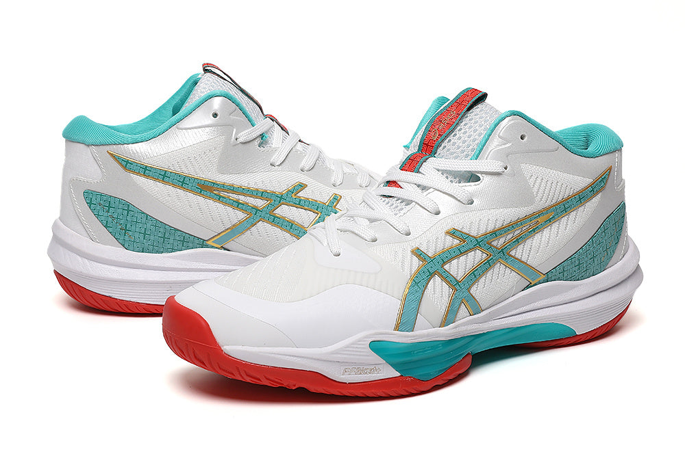 ASICS White and Aqua Indoor Court Trainers - product image from the listing.