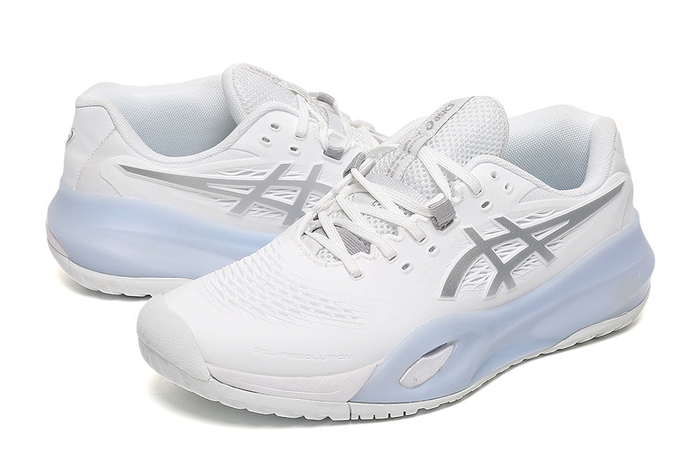 ASICS White and Silver Court Trainers with Pale Blue Midsole - product image from the listing.