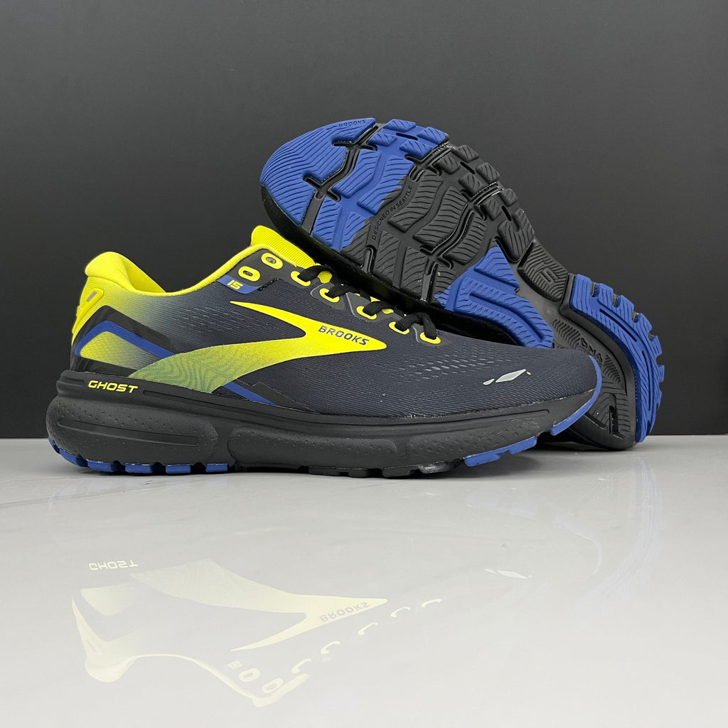 Brooks Ghost 15 Running Shoes, in Charcoal Yellow Blue - product image from the listing.