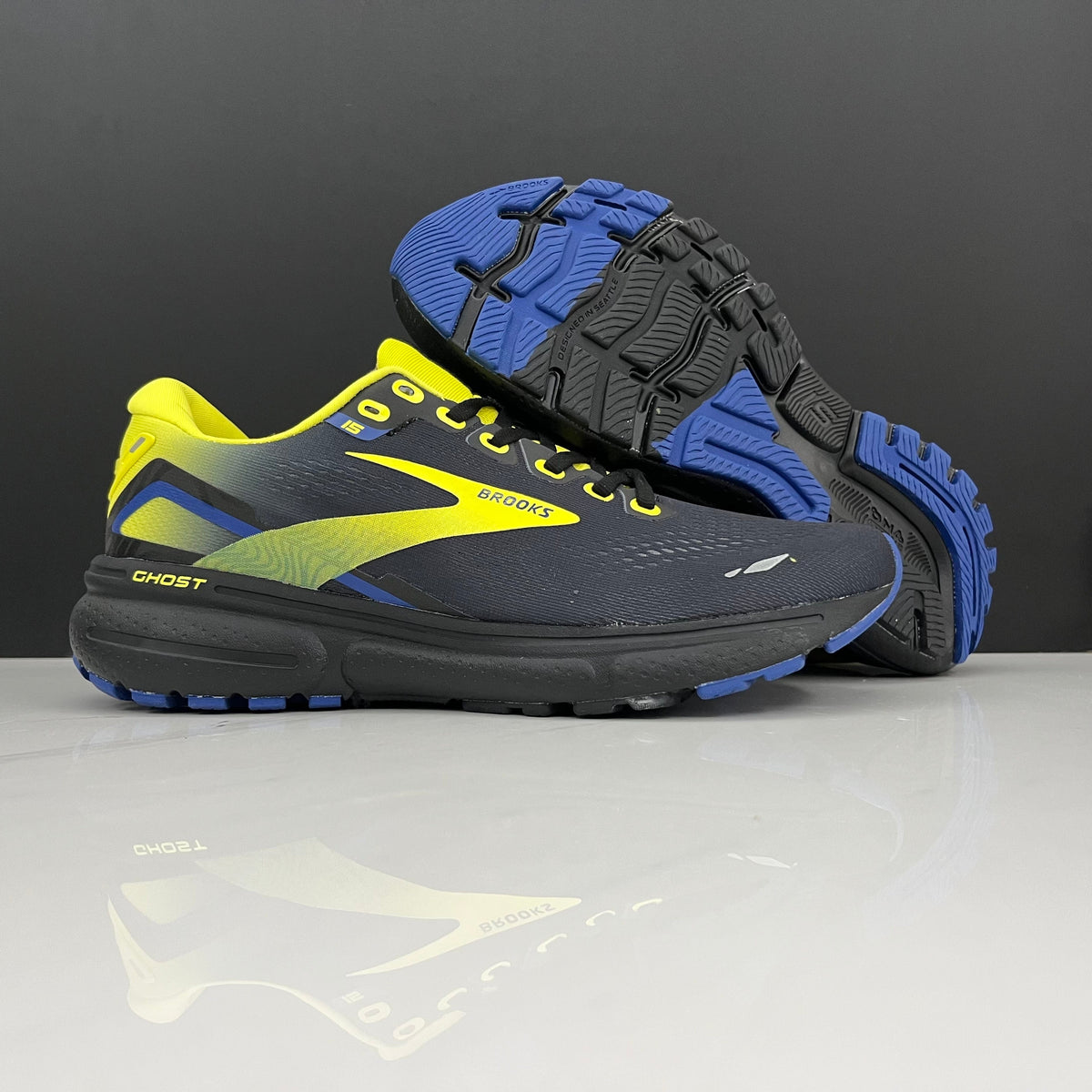 Brooks Ghost 15 Running Shoes, in Charcoal Yellow Blue - product image from the listing.