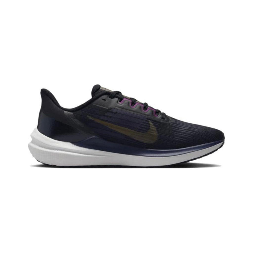 Nike Air Winflo 9 Running Shoes in Black Blue Gold DD6203-007 - product image from the listing.
