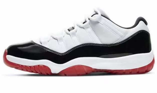 Jordan 11 Low Concord Bred Sneakers in White Black Red FV2187-160 - product image from the listing.